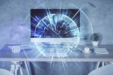 Double exposure of business theme drawing and office interior background. Concept of success