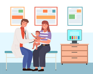 Obraz premium Mom holds son during consultation with a doctor. Pediatrician with stethoscope working with little patient. Family at the appointment with the therapist in hospital. Man checks the health of child