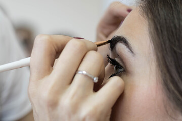 Coloring eyebrows with henna close-up. Correction and coloring of eyebrows. Permanent make-up....