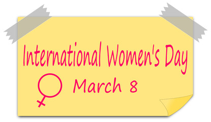 International Women's Day on a sticky note - 8 March - illustration