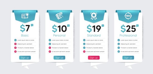 Included icon as Credit card, Product knowledge, Seo signs. Price table template, business plan chart. Technology icons set. Ranking star flat icons. Vector