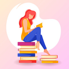 Woman seating on the books and reading a book. Reading, studying concept. Isolated vector illustration in cartoon style.