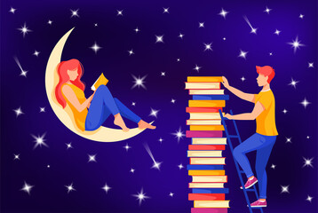 Obraz na płótnie Canvas Woman seating on the crescent moon and reading, man on the ladder taking a book. Reading, studying concept. Vector illustration in cartoon style.