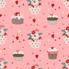 Valentine's day seamless pattern background with flowers and hearts, bohemian Valnetine's day collection. Love Digital paper for scarpbooking, fabric, textile, wallpaper, stationery design.