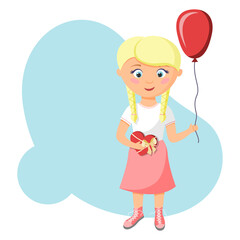 Little blonde girl with a balloon and a box of chocolates. Valentine's day concept. Valentine's Day gift.