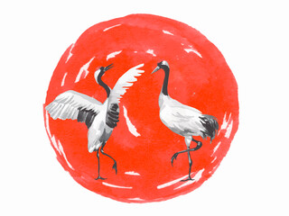 Japan traditional sumi-e painting. Fuji mountain, crane, sunset. Japan sun. Indian ink illustration. Japanese picture on rice paper. Vector drawing.