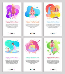 Happy motherhood mom with kiddo vector, child and mother pushing perambulator, small baby playing with mommy, lady wearing dress walking family. Website or slider app, landing page flat style