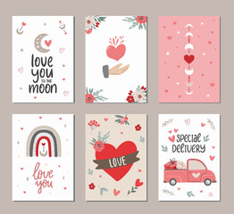 Fototapeta na wymiar Set of Valentine's day greeting cards with hand written greeting lettering in modern bohemian style. Boho Happy Valentine's day concept, boho rainbow, moon and stars