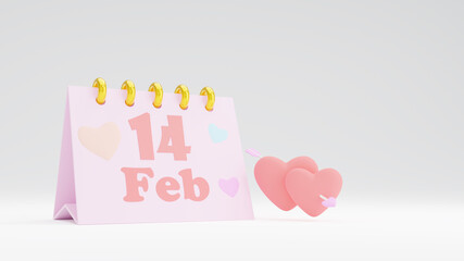 3D illustration rendering. Concept the love and valentine day. The 14 February calendar and two heart isolated on white background.