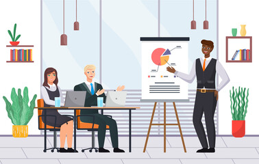Businessman makes a presentation of a statistical report doing digital analysis charts. Planning business concept. Teamwork consulting for project management, financial reporting and strategy