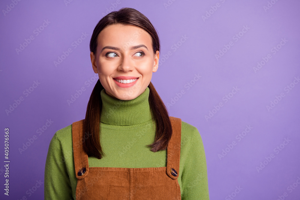 Poster close-up portrait of pretty minded curious cheerful girl looking aside creating solution isolated ov