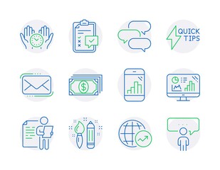 Education icons set. Included icon as Quickstart guide, Payment, Job interview signs. Messenger mail, Creativity, Safe time symbols. World statistics, Checklist, Analytics graph. Vector