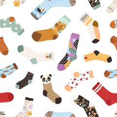 Seamless texture with cute cotton and woolen colorful socks with different drawings, patterns, colors and designs on white background. Endless backdrop with warm garments. Flat vector illustration