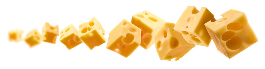 Cheese cubes levitate on a white background