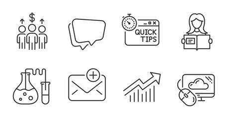 Meeting, New mail and Chemistry lab line icons set. Speech bubble, Quick tips and Cloud computing signs. Demand curve, Woman read symbols. Business collaboration, Add e-mail, Laboratory. Vector