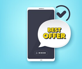 Best offer. Mobile phone with alert notification message. Special price Sale sign. Advertising Discounts symbol. Customer service app banner. Best offer badge shape. Vector
