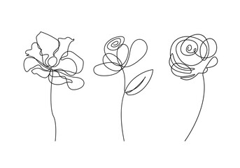 One Line Drawing Vector Flowers Set. Modern Single Line Art, Aesthetic Contour Drawing. Perfect for Home Wall Decor, Posters, Bag and T-shirt Prints, stickers. Minimalist Floral Drawing.