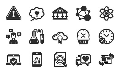Energy, Heart and Chemistry lab icons simple set. Conversation messages, Refresh website and Integrity signs. Loan percent, Carousels and Seo file symbols. Flat icons set. Vector