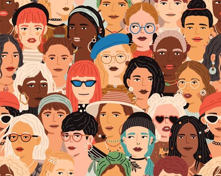 Seamless pattern with diverse female faces. Crowd of fashionable and stylish modern women. Colorful repeatable background with multiracial people. Diversity concept. Colored flat vector illustration