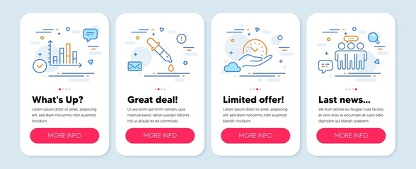 Set of Science icons, such as Diagram graph, Safe time, Chemistry pipette symbols. Mobile screen mockup banners. Employees group line icons. Presentation chart, Management, Laboratory. Vector