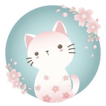 Cute White Cat And Cherry Blossoms. Cartoon Kitty And Cherry Blossom Frame.