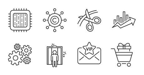 Cpu processor, Vip mail and Cogwheel line icons set. Elevator, Shopping trolley and Growth chart signs. Scissors, Copywriting network symbols. Quality line icons. Cpu processor badge. Vector