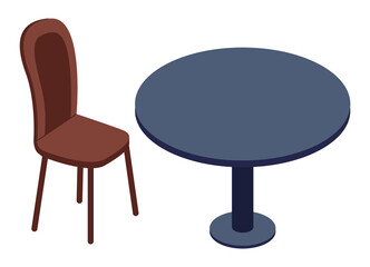 A round cafeteria gray table with chair. Wooden furniture on white background, element of cafe or restaurant. Empty seat and dining place, meeting furniture element, comfort interior furnishings
