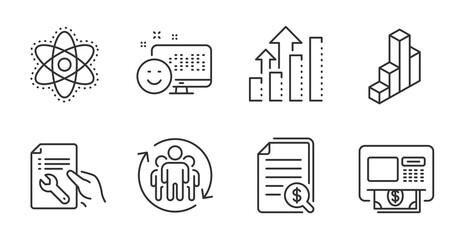 Teamwork, Chemistry atom and Repair document line icons set. Financial documents, Analysis graph and Smile signs. 3d chart, Atm symbols. Employees change, Laboratory molecule, Spanner tool. Vector