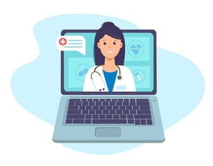 Doctor with stethoscope on the laptop screen. Online medical consultation and support online with family female doctor. Healthcare services. Vector for clinic web site, flyer, card