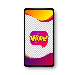 Wow chat bubble banner. Phone mockup vector banner. Discount sticker shape. Sale coupon icon. Social story post template. Wow bubble badge. Cell phone frame. Liquid modern background. Vector
