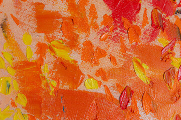 Abstract creative background: streaks and strokes of bright oil paint on linen canvas before tone priming