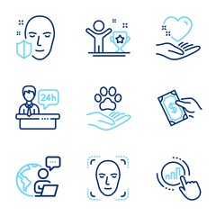 People icons set. Included icon as Face protection, Winner cup, Hold heart signs. Reception desk, Pay money, Pets care symbols. Graph chart, Face detection line icons. Line icons set. Vector