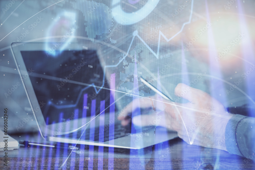 Aufkleber double exposure of man's hands holding and using a digital device and forex graph drawing. financial