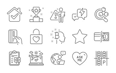 Payment methods, Payment card and Winner cup line icons set. Parking place, Lightning bolt and Airplane travel signs. Star, Ask me and Chemistry lab symbols. Line icons set. Vector