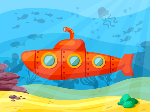 Submarine explores ocean depths illustration. Red bathyscaphe with extended periscope sails in coral reef and studies marine fauna scientific underwater discoveries and travels. Vector cartoon depth.