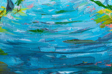 Abstract creative background: streaks and strokes of bright oil paint on linen canvas before tone priming