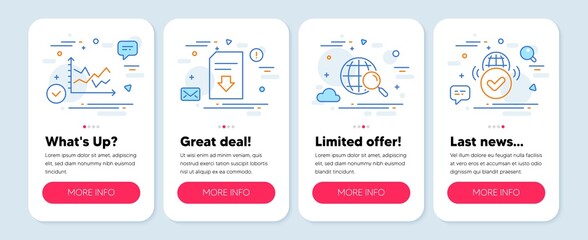 Set of Technology icons, such as Web search, Diagram chart, Download file symbols. Mobile screen banners. Verified internet line icons. Find internet, Presentation graph, Load document. Vector
