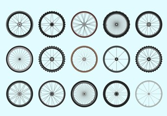 Bicycle wheels with spokes geometric tracery set. Professional toothed tires for fast and high quality driving extreme sports and circle high speeds relief tires with aluminum rims. Vector design.