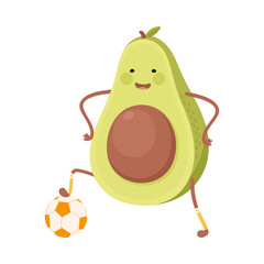 Cute Avocado Playing Soccer, Funny Fruit Character Doing Sports, Healthy Eating and Lifestyle, Fitness Concept Cartoon Style Vector Illustration