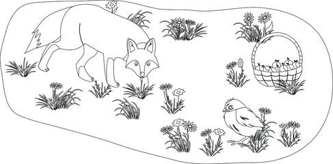 coloring book for kids fox sneaks behind a chicken