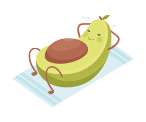 Cute Funny Avocado Fruit Character Doing Sports, Healthy Lifestyle, Fitness Concept Cartoon Style Vector Illustration