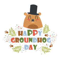 Happy Groundhog Day greeting card, poster, invitation and flyer. Decorative text and little rodent in a top hat. Vector