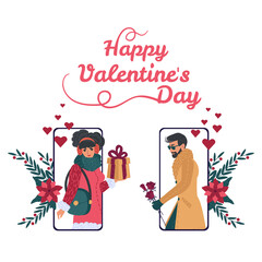 A young girl and a guy congratulate each other on Valentine's Day by mobile phone. Lovers chat. Vector illustration