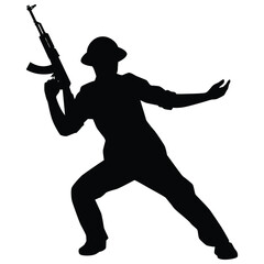Vietcong soldier with rifle gun in Vietnam war silhouette vector, military man in the battle.