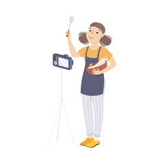 Blogger Girl Teaching to Cook New Recipe, Blogging, Cooker Streaming Live Video in her channel, Social Media Networking Concept Cartoon Style Vector Illustration