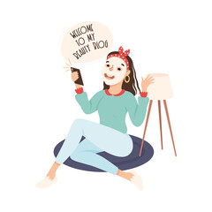 Fashion Beauty Blogger, Girl Woman Applying Face Cosmetic Mask and Recording Video, Blogging, Social Media Networking Concept Cartoon Style Vector Illustration