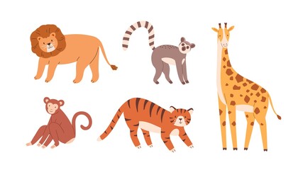 Set of cute zoo or wild animals. Lion, sloth, giraffe, monkey and tiger. Collection of terrestrial mammals isolated on white background. Exotic fauna. Childish colored flat vector illustration