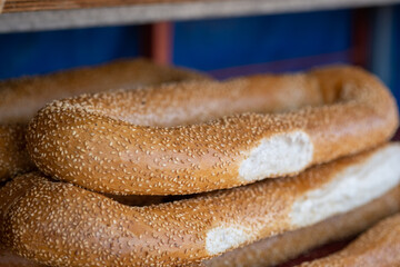 Macro shot of fresh sesame bagels at the city market