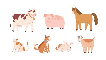 Set of farm and domestic animals and pets. Adorable cow with bell, funny pig, horse, goat, rabbit, dog with collar and cat. Childish colored flat vector illustration isolated on white background