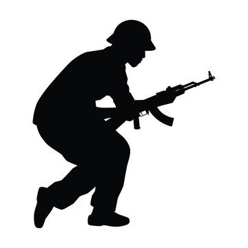 Vietcong soldier with rifle gun in Vietnam war silhouette vector, military man in the battle.